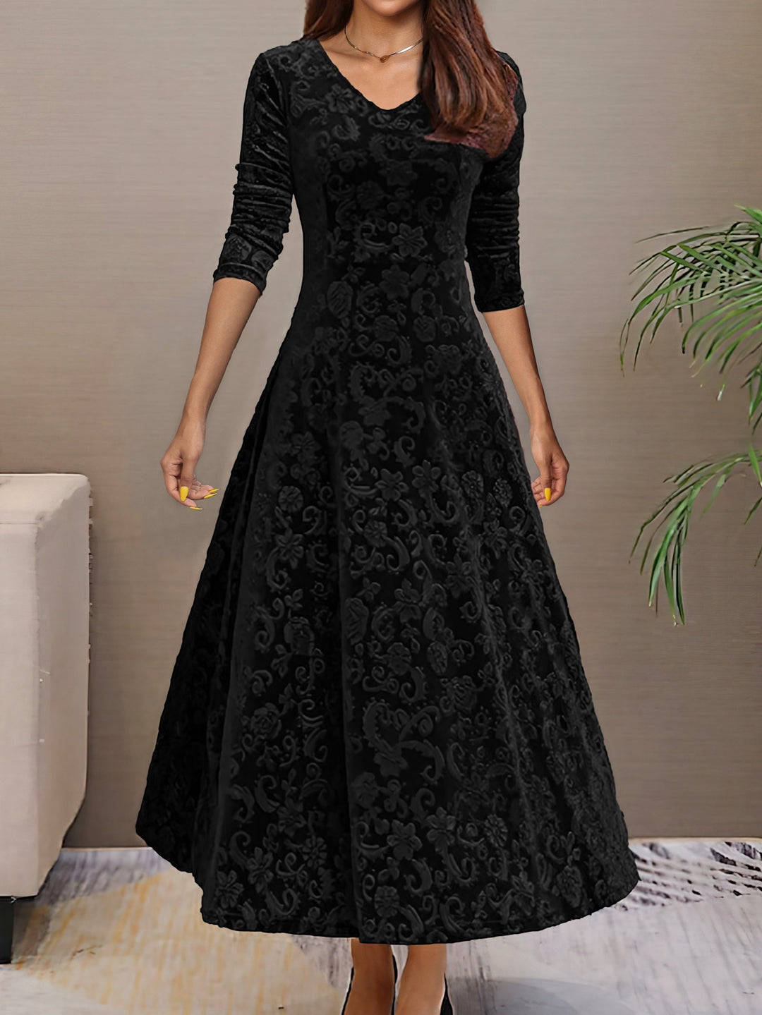 Vivienne | Floral Velvet V Neck Midi Dress
