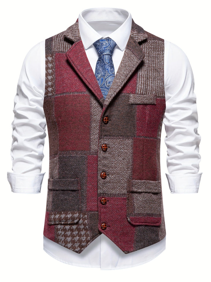 Men's Tweed Patchwork Waistcoat with Herringbone Detail