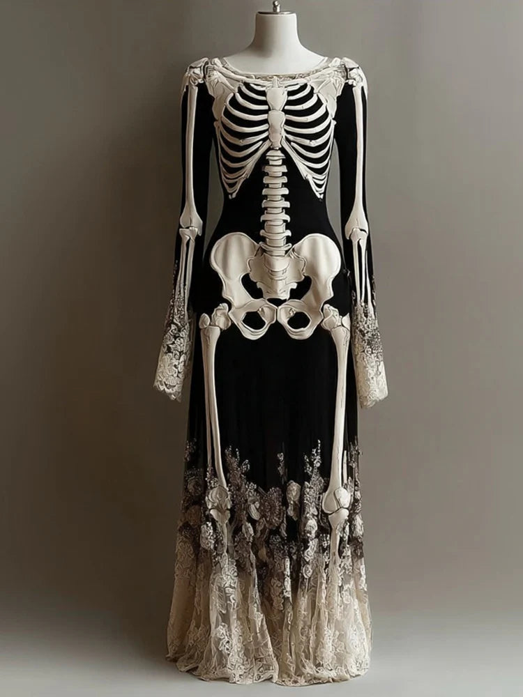 Women's Skeleton Print Halloween Dress with Plunge Neck