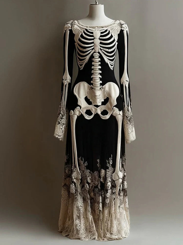 Women's Skeleton Print Halloween Dress with Plunge Neck