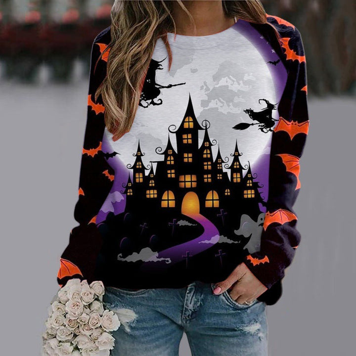 Women's Halloween Witch Print Jumper with Bat Sleeves