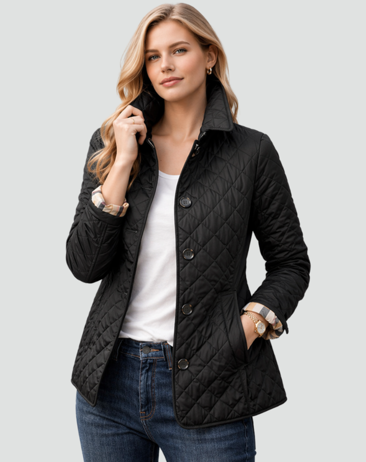 Women's Quilted Button Front Jacket with Structured Collar