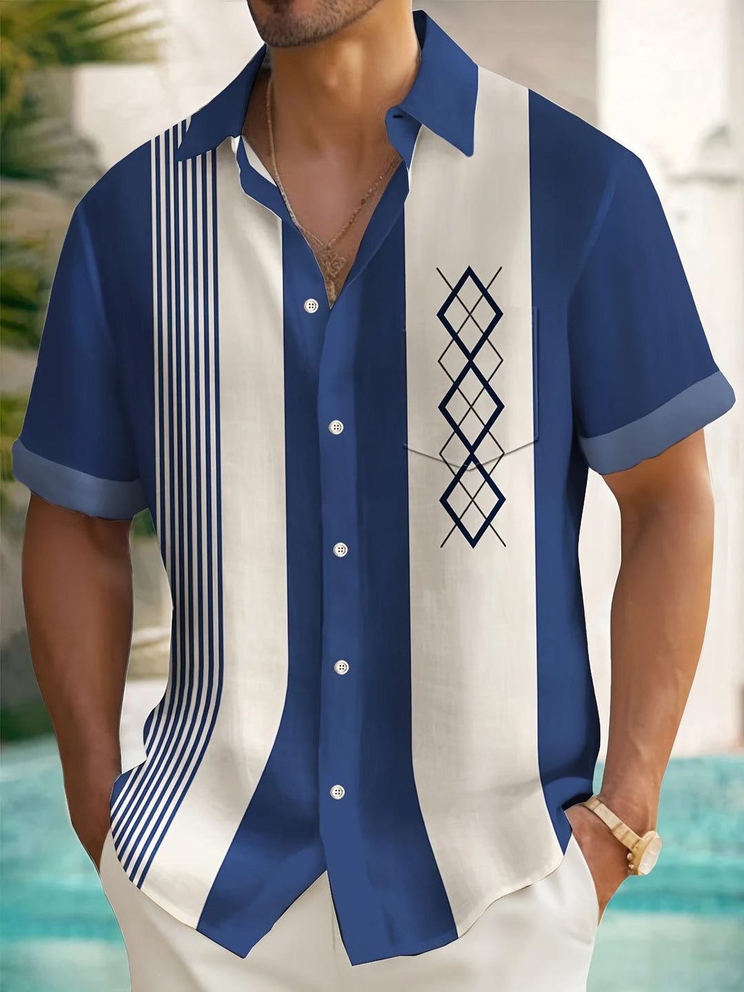 Men's Short Sleeve Colourblock Shirt with Diamond Print