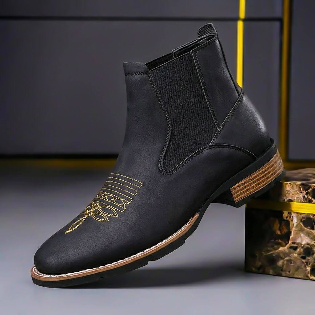 Men's Embroidered Chelsea Boots with Pull-On Elastic Panels