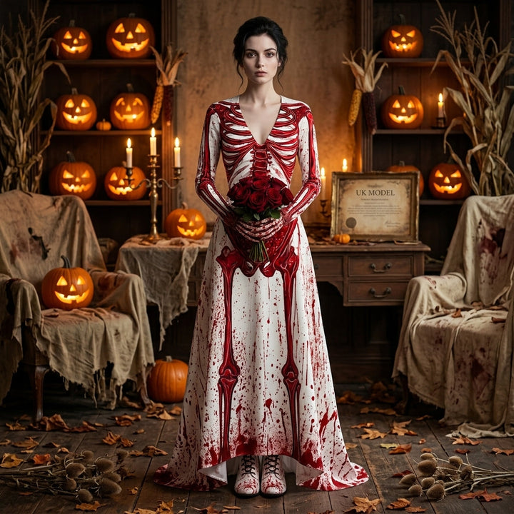 Women's Skeleton Print Halloween Dress with Plunge Neck