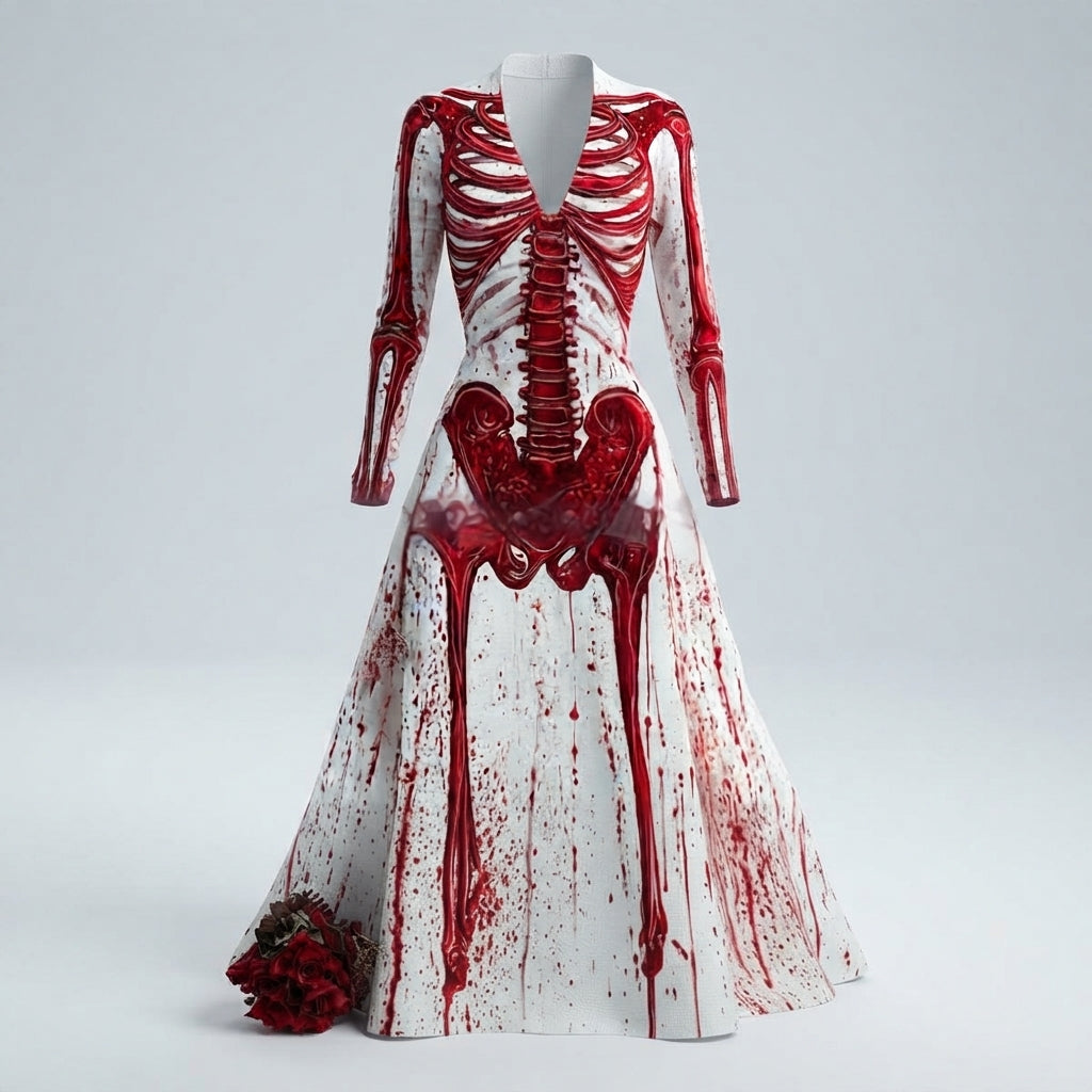Women's Skeleton Print Halloween Dress with Plunge Neck