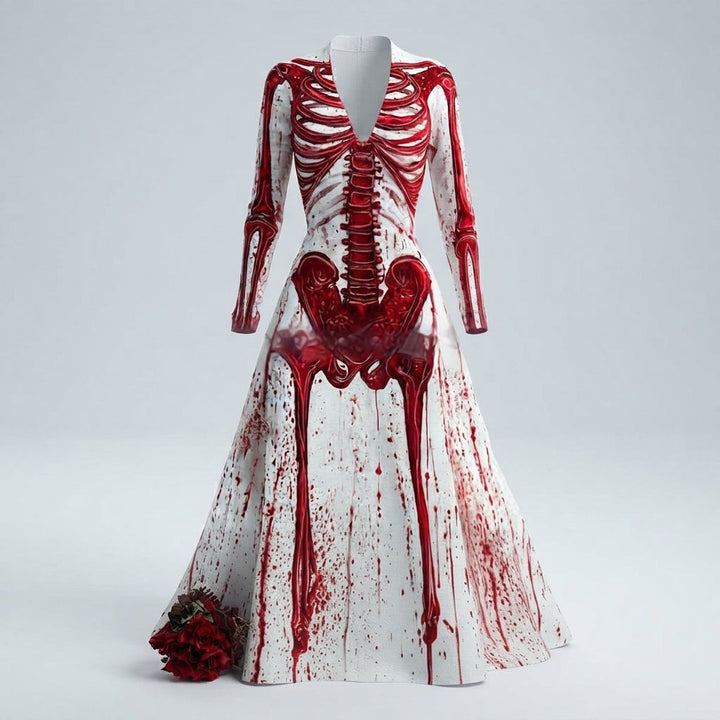 Women's Skeleton Print Halloween Dress with Plunge Neck