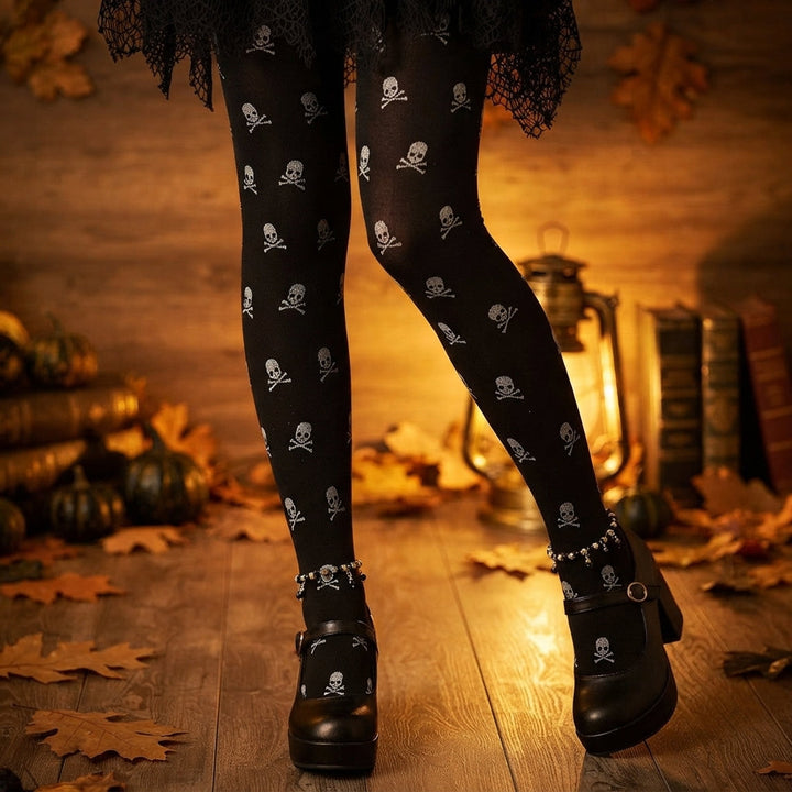 Women's Skull Print Halloween Tights with Metallic Glitter