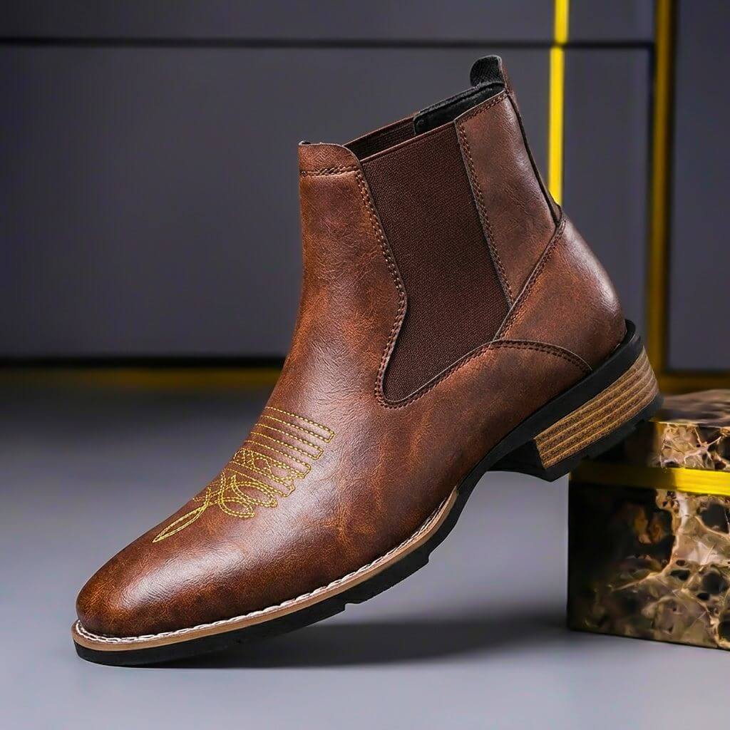 Men's Embroidered Chelsea Boots with Pull-On Elastic Panels