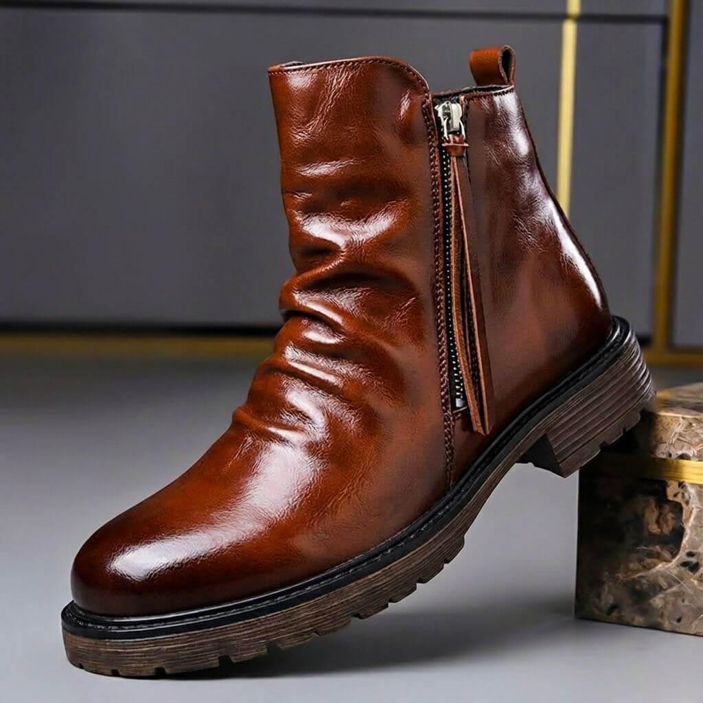Men's Waxed Ankle Boots with Side Zip and Ruched Front