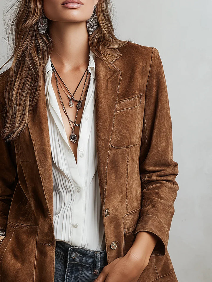 Women's Suede Blazer with Notch Lapels and Chest Pocket