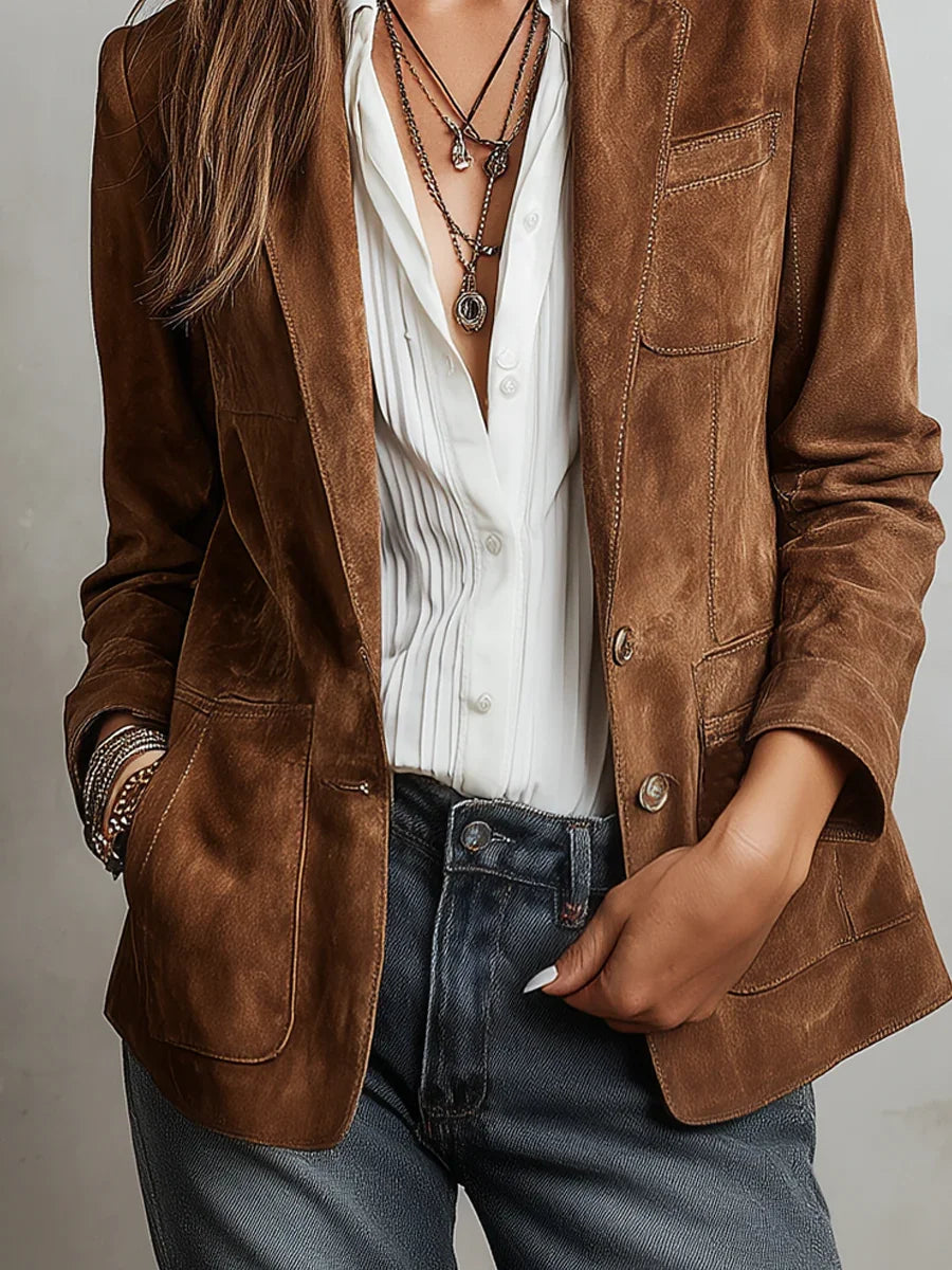 Women's Suede Blazer with Notch Lapels and Chest Pocket