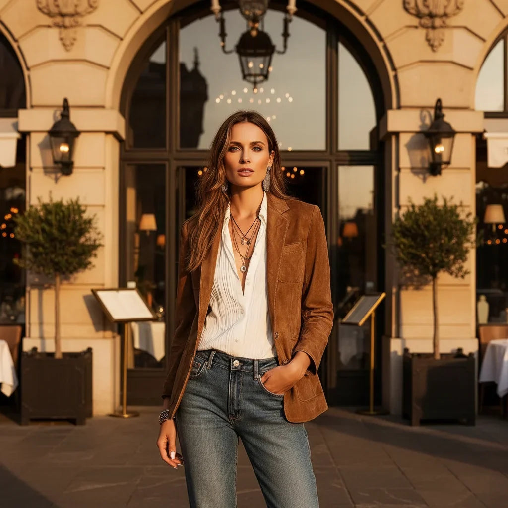 Women's Suede Blazer with Notch Lapels and Chest Pocket