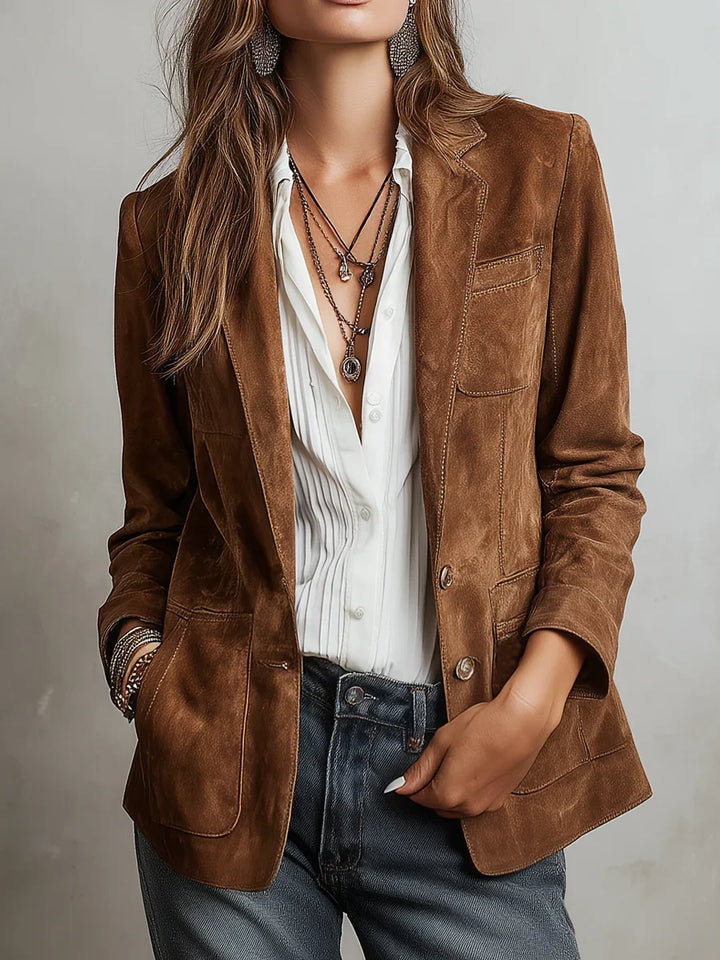 Women's Suede Blazer with Notch Lapels and Chest Pocket