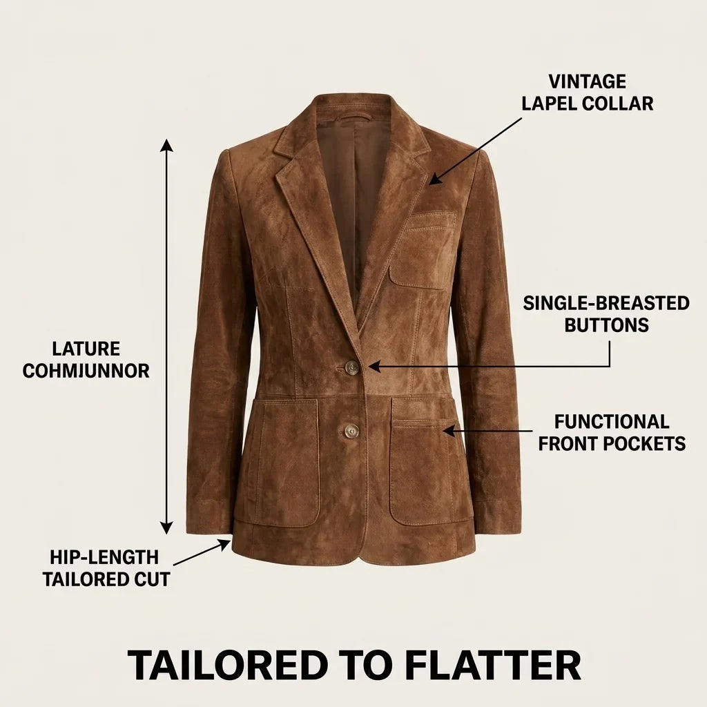 Women's Suede Blazer with Notch Lapels and Chest Pocket