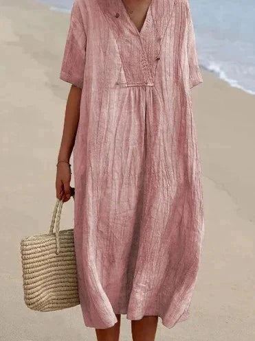 Women's Linen V-Neck Maxi Dress with Short Sleeves