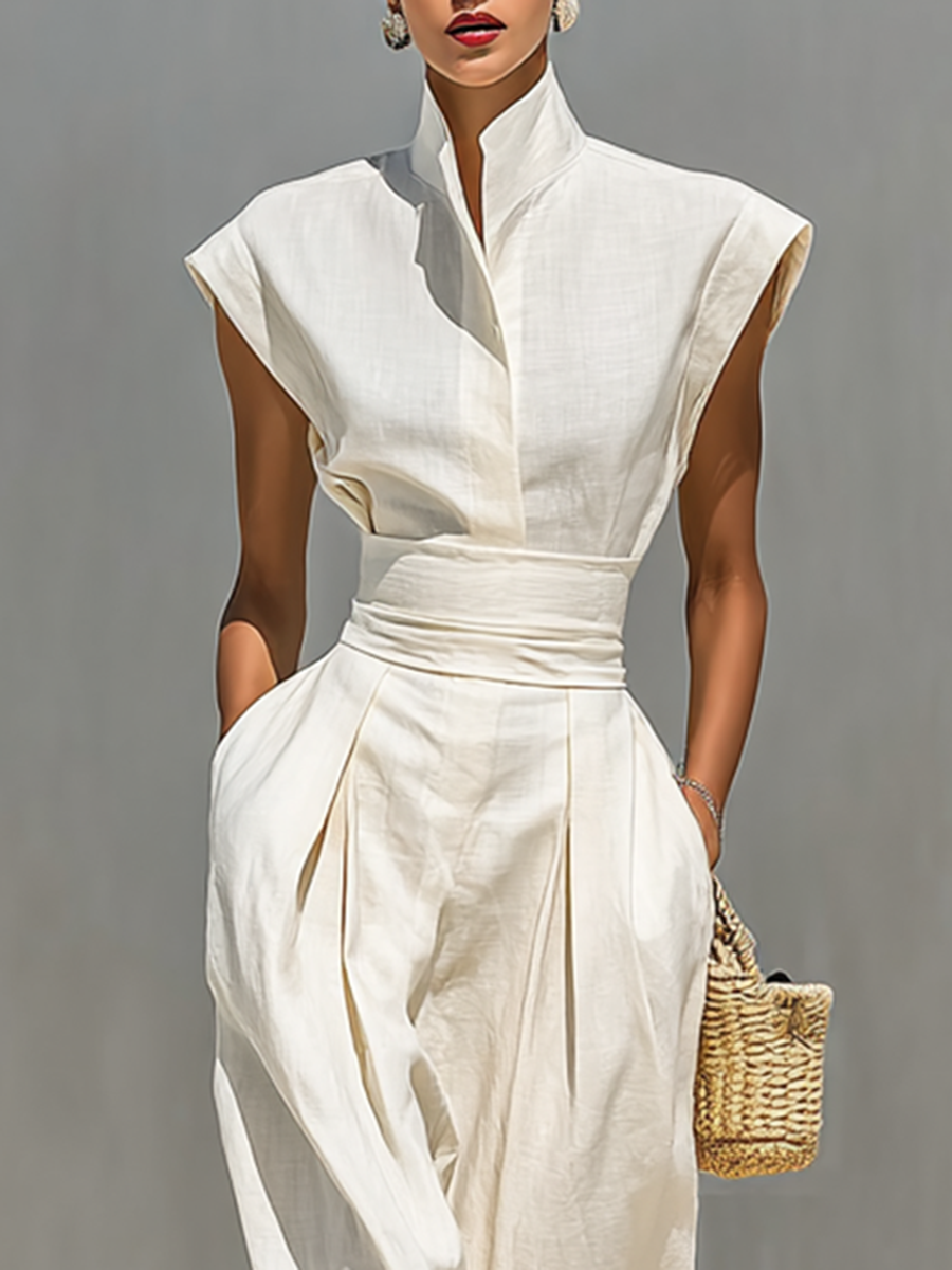 Women's Linen Maxi Dress with Sash Waist