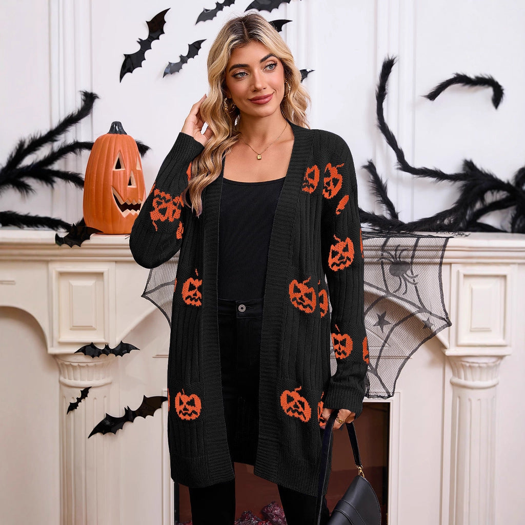Women's Pumpkin Print Halloween Cardigan
