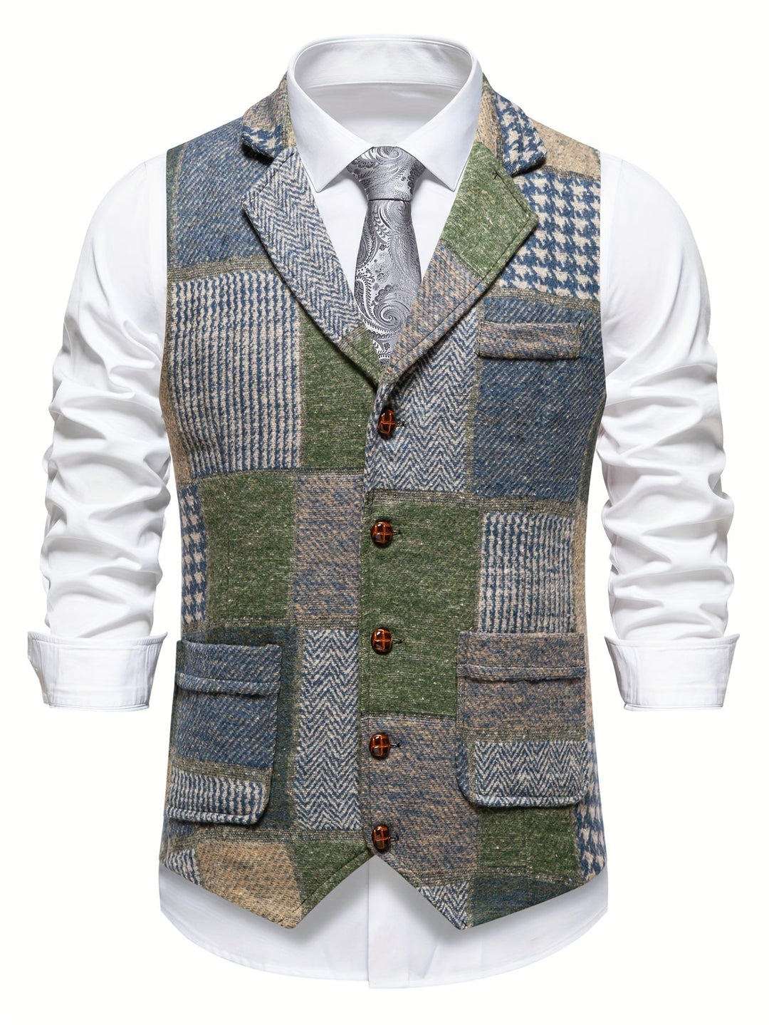 Men's Tweed Patchwork Waistcoat with Herringbone Detail