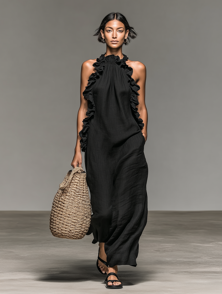 Women's Linen Ruffle Halter Maxi Dress