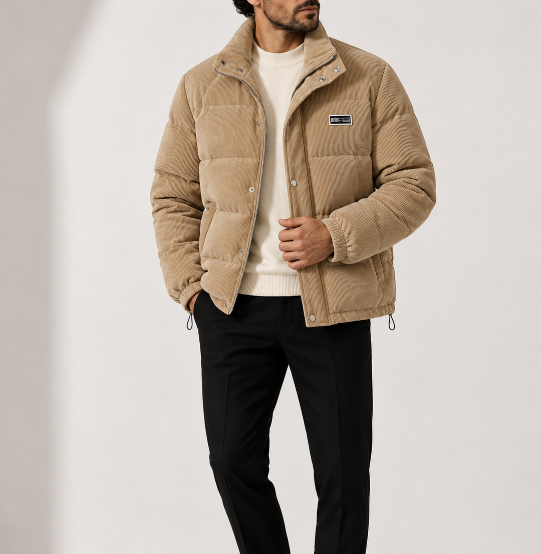 Men's Corduroy Puffer Jacket with Stand Collar