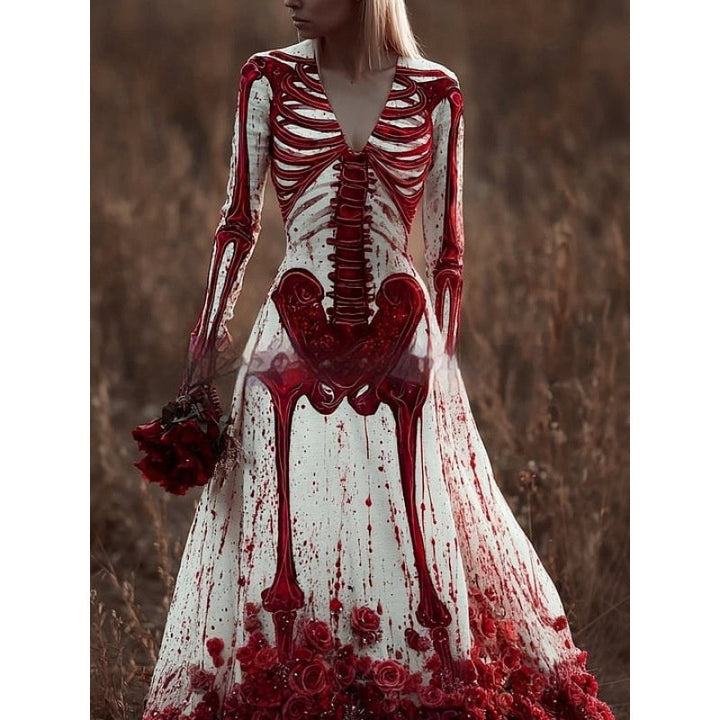 Women's Skeleton Print Halloween Dress with Plunge Neck