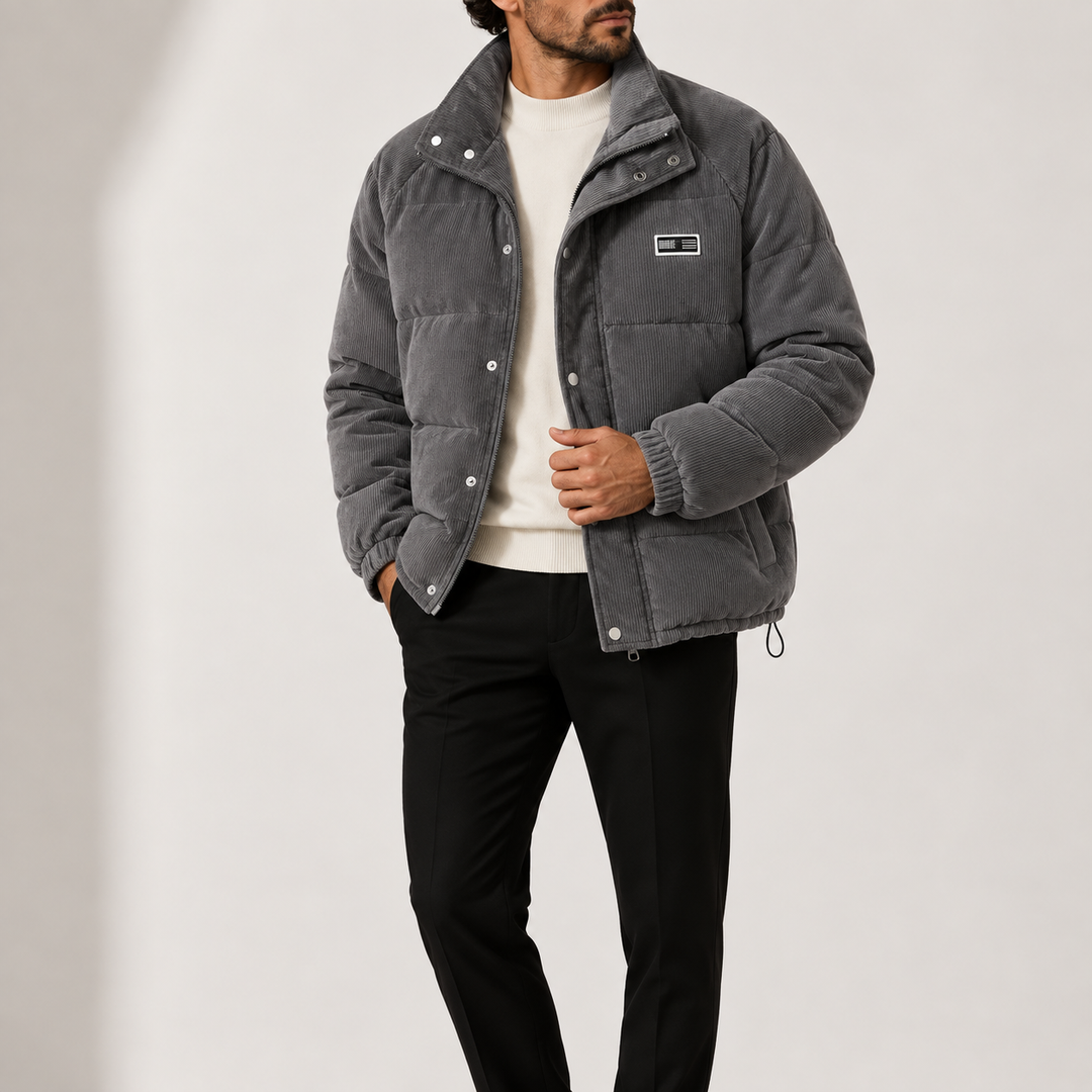 Men's Corduroy Puffer Jacket with Stand Collar