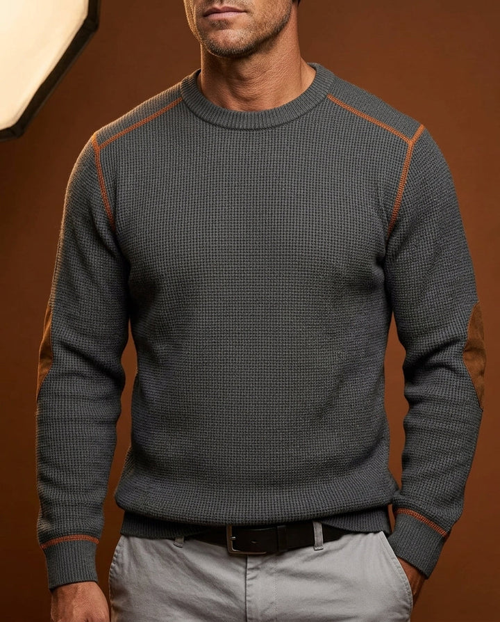 Men's Waffle Knit Jumper with Suede Elbow Patches