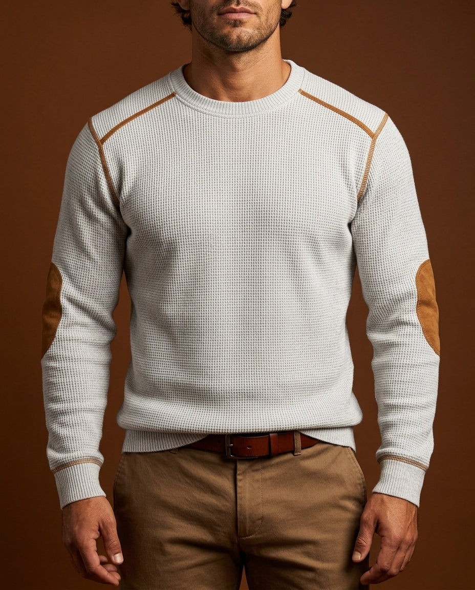 Men's Waffle Knit Jumper with Suede Elbow Patches