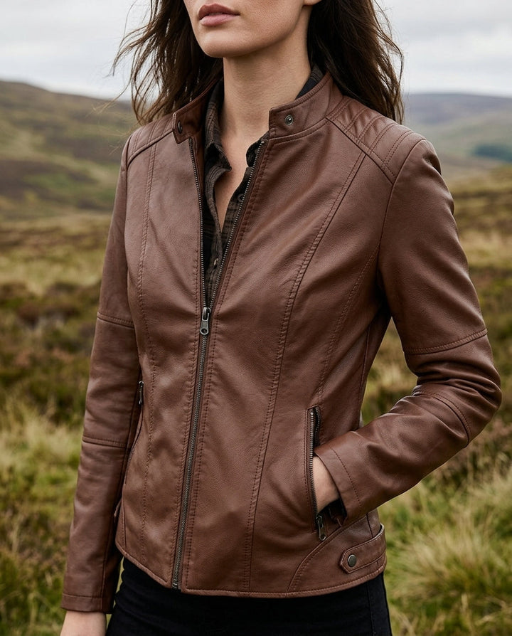Women's Cropped Moto Jacket with Zip-Up Front