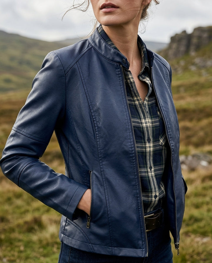 Women's Cropped Moto Jacket with Zip-Up Front