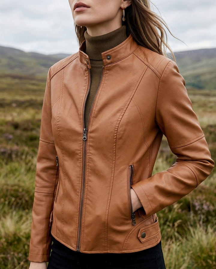 Women's Cropped Moto Jacket with Zip-Up Front
