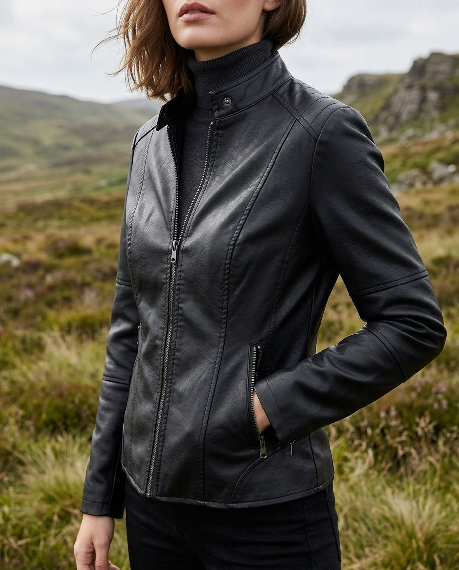 Women's Cropped Moto Jacket with Zip-Up Front