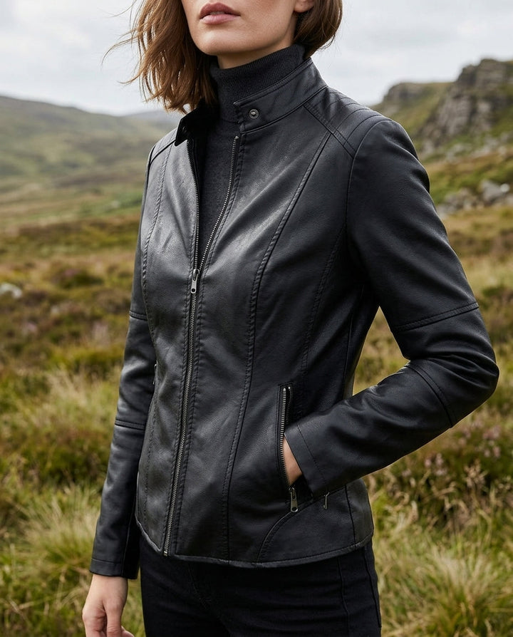 Women's Cropped Moto Jacket with Zip-Up Front