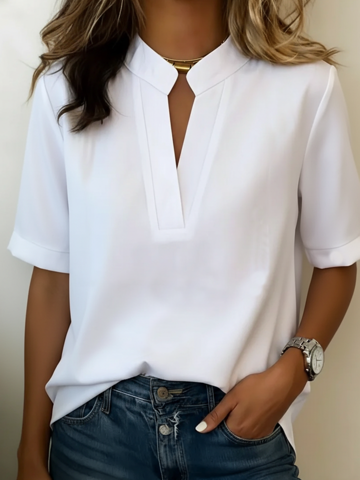 Women's Linen Blouse with V-Neck Notch Collar