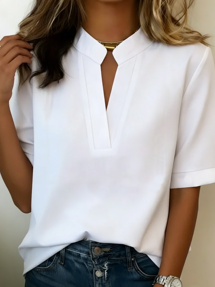 Women's Linen Blouse with V-Neck Notch Collar