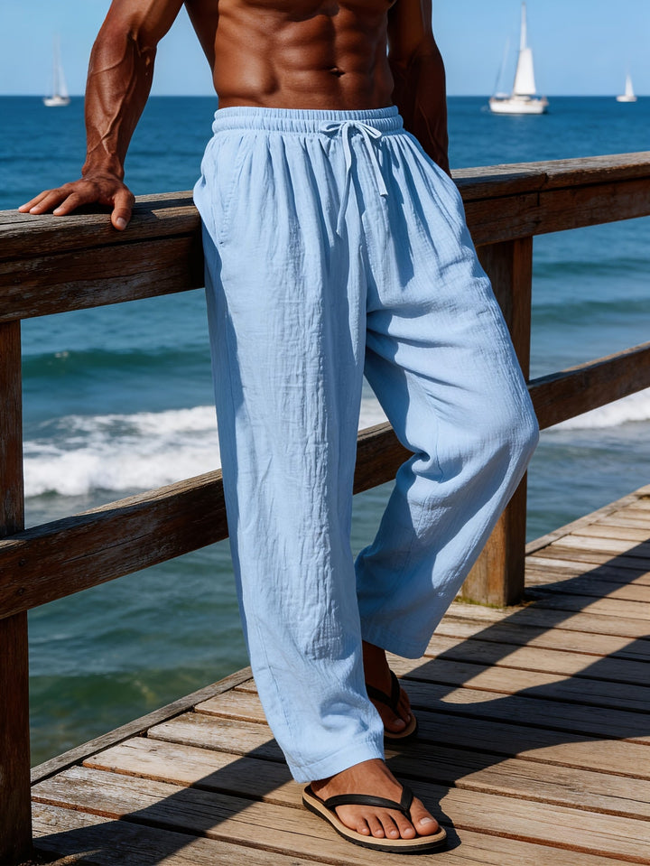 Men's Crinkled Linen Wide-Leg Drawstring Pants
