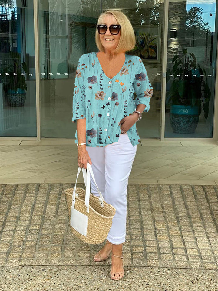 Women's Linen Floral Print Blouse with V-Neck