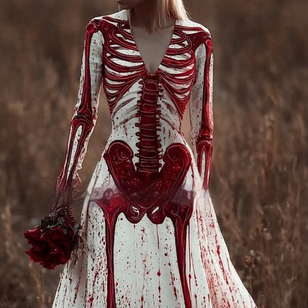 Women's Skeleton Print Halloween Dress with Plunge Neck
