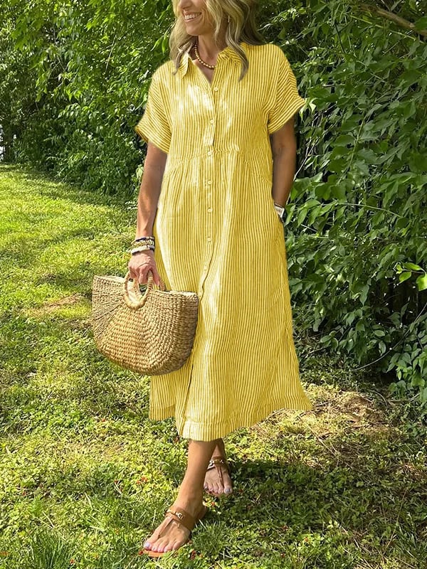 Women's Striped Linen Shirt Dress with Side Pockets