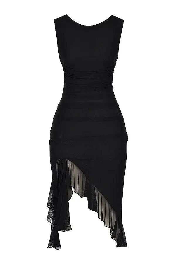 Asymmetric Ruffle Hem Bodocon Midi Dress