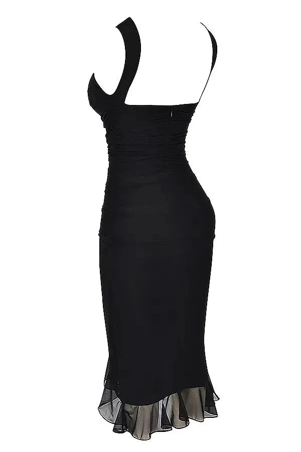 Asymmetric Ruffle Hem Bodocon Midi Dress