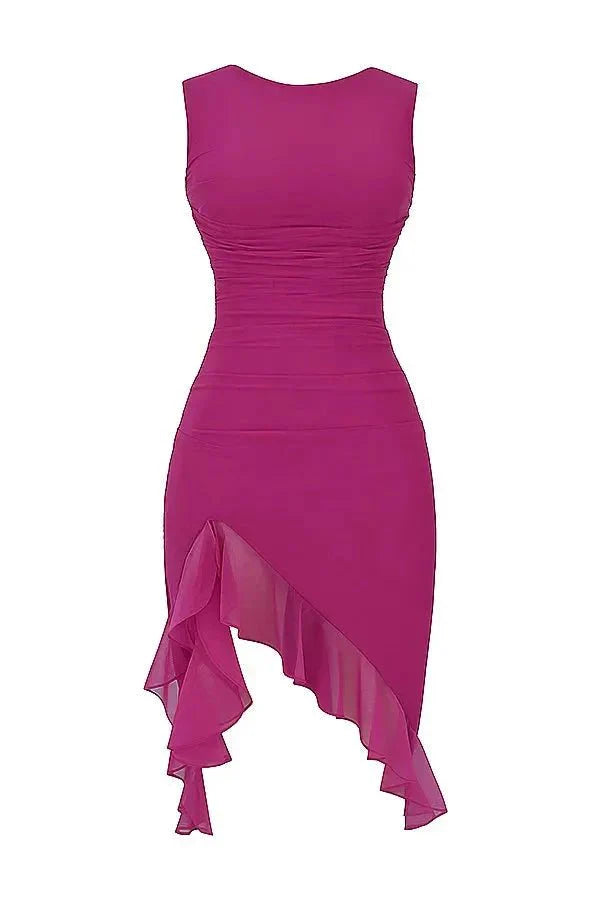 Asymmetric Ruffle Hem Bodocon Midi Dress