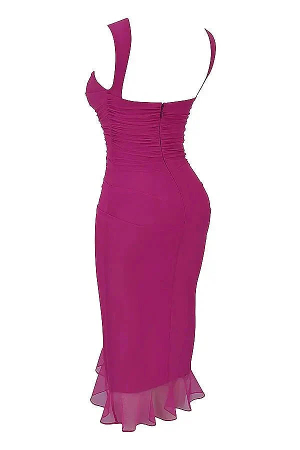Asymmetric Ruffle Hem Bodocon Midi Dress