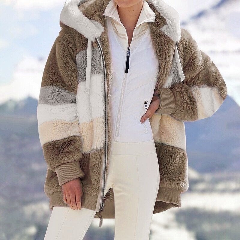 Women's Fleece Colour Block Hooded Jacket in Oversized Fit