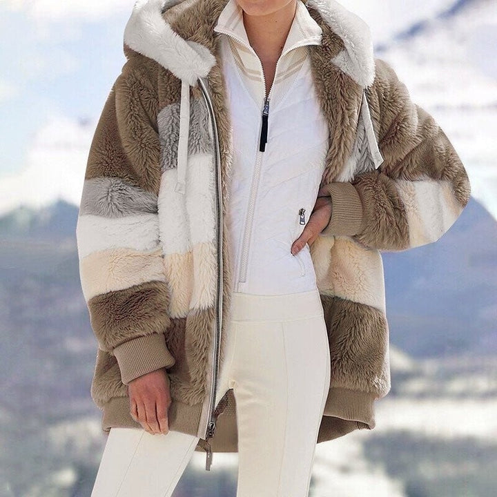 Women's Fleece Colour Block Hooded Jacket in Oversized Fit