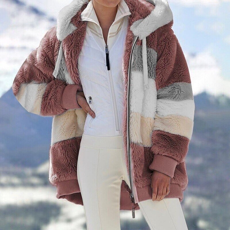 Women's Fleece Colour Block Hooded Jacket in Oversized Fit