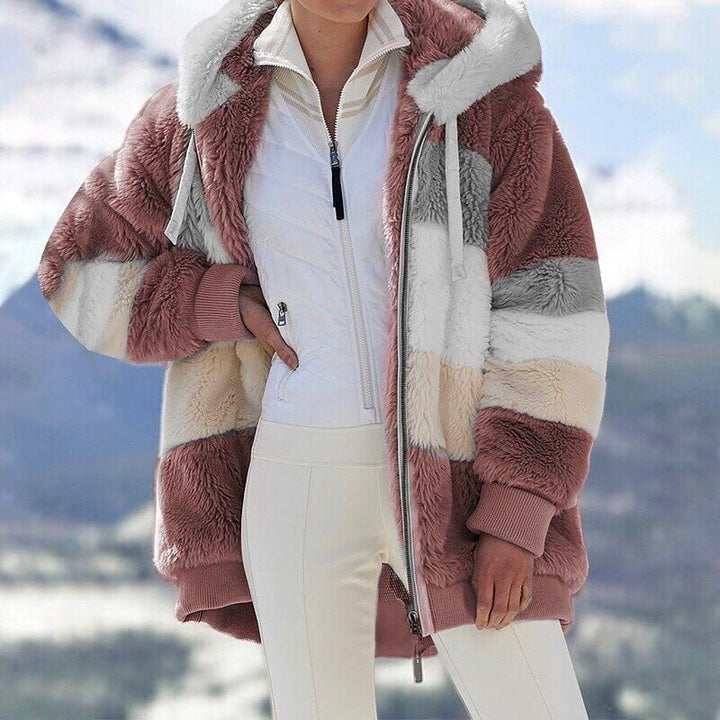 Women's Fleece Colour Block Hooded Jacket in Oversized Fit