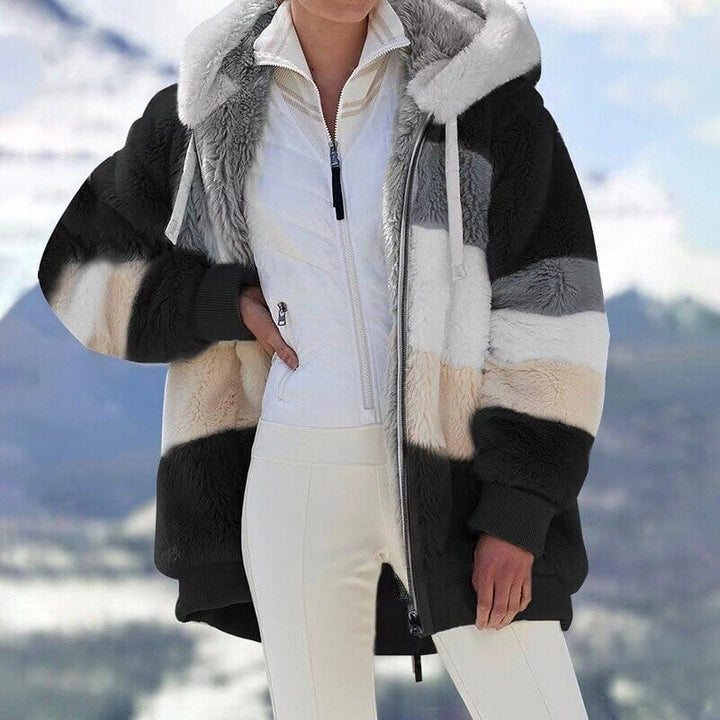 Women's Fleece Colour Block Hooded Jacket in Oversized Fit