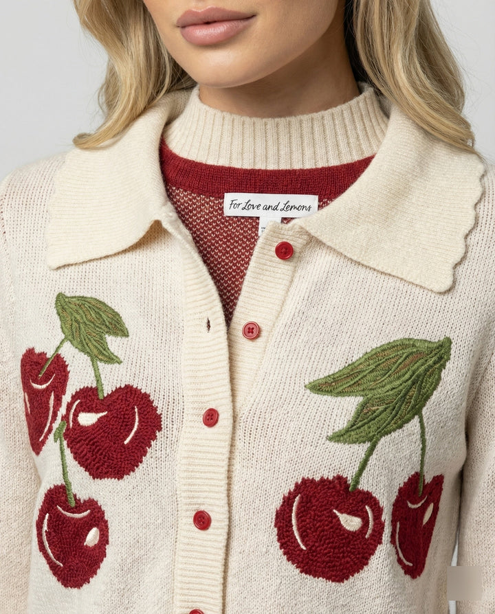 Camila | Cherry Print Collared Knit Cardigan